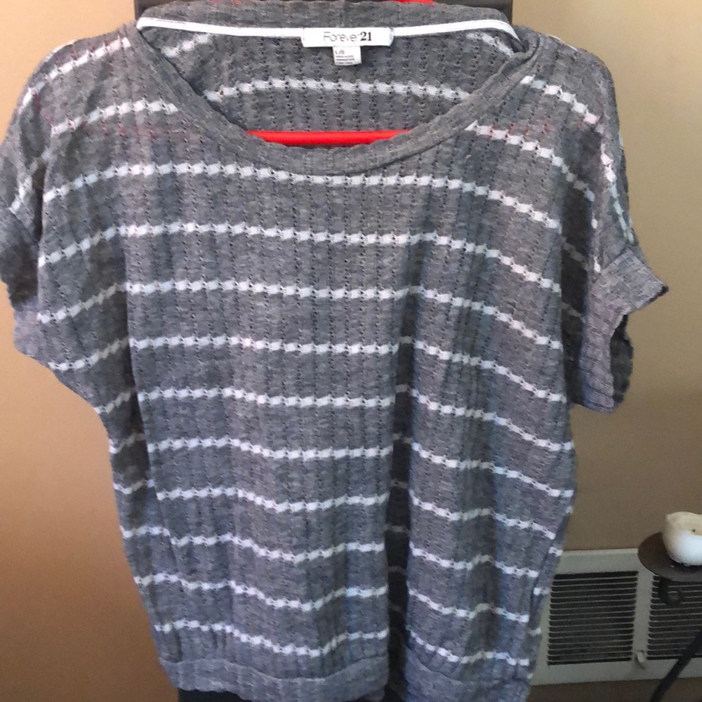 Soft gray and white striped short sleeved